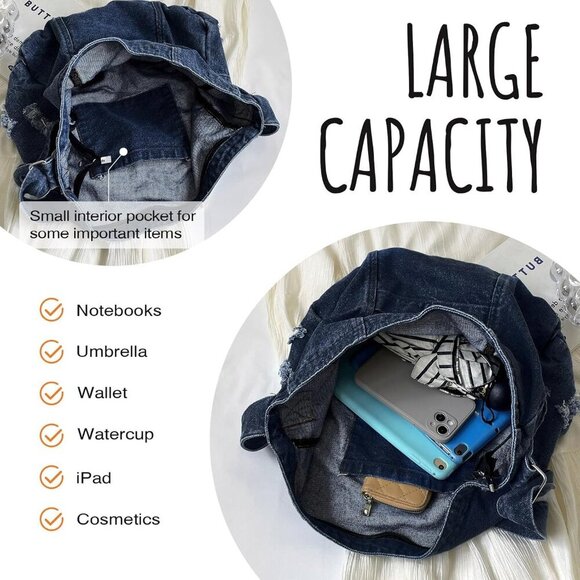 Denim Shoulder Bag for Women,Canvas Tote Messenger Bag with Zipper,Large Casual - Picture 3 of 6